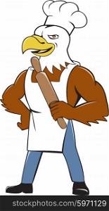 Illustration of a bald eagle baker chef cook standing looking to the side holding rolling pin set on isolated white background done in cartoon style. . Bald Eagle Baker Chef Rolling Pin Cartoon