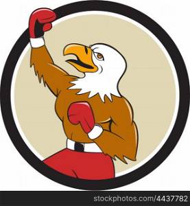 Illustration of a bald eagle boxer pumping fist in the air looking up viewed from the side set inside circle done in cartoon style. . Bald Eagle Boxer Pumping Fist Circle Cartoon