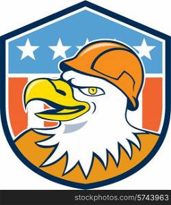 Illustration of a bald eagle construction worker head with hardhat viewed from side set inside shield crest with usa american flag in the background done in cartoon style. . Bald Eagle Construction Worker Head Flag Cartoon