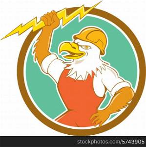Illustration of a bald eagle electrician wearing hardhat holding lightning bolt viewed from side set inside circle done in cartoon style. . Bald Eagle Electrician Lightning Bolt Circle Cartoon