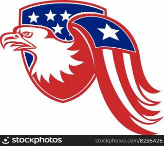 Illustration of a bald eagle facing side with stars and stripes wing set inside shield with american flag on isolated background.