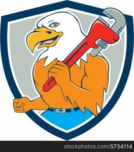 Illustration of a bald eagle plumber smiling holding monkey wrench on shoulder viewed from side set inside shield crest done in cartoon style. . Bald Eagle Plumber Monkey Wrench Shield Cartoon
