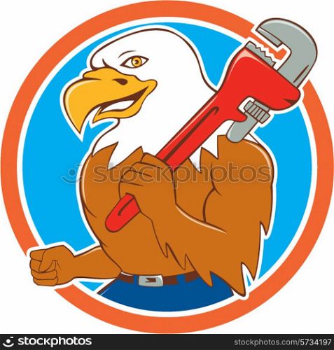 Illustration of a bald eagle plumber smiling holding monkey wrench on shoulder viewed from side set inside circle done in cartoon style. . Bald Eagle Plumber Monkey Wrench Circle Cartoon