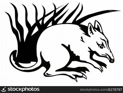 Illustration of a bandicoot in front of a bush in black and white done in retro style.
