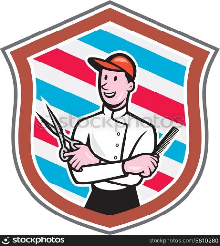 Illustration of a barber holding a scissors and comb facing front looking up set inside shield crest with barber stripes in the background done in cartoon style. . Barber Holding Scissors Comb Shield Cartoon