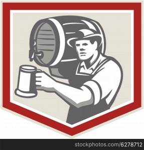 Illustration of a barkeep, barkeeper, barperson, barman, barmaid, bar attendant, or taberneiro worker lifting carrying beer barrel on shoulder pouring beer into mug inside shield done in retro style.