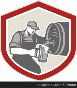 Illustration of a barman barkeeper bartender pouring keg barrel of beer ale into mug facing side set inside shield on isolated background.. Barman Pouring Beer Ale Barrel Retro