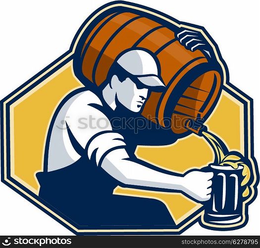 Illustration of a bartender worker with carrying beer barrel keg on shoulder pouring beer into glass mug.