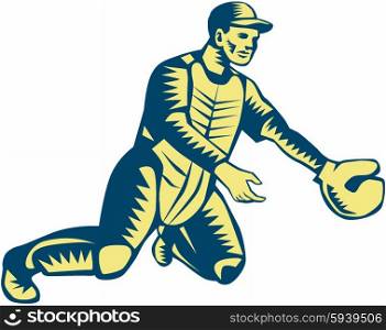 Illustration of a baseball catcher with gloves catching set on isolated white background done in retro woodcut style. . Baseball Catcher Catching Woodcut
