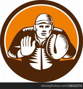 Illustration of a baseball catcher with gloves facing front set inside circle on isolated background done in retro woodcut style. . Baseball Catcher Gloves Circle Woodcut