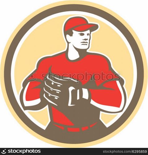 Illustration of a baseball catcher with gloves looking to the side set inside circle on isolated background done in retro style. . Baseball Catcher Gloves Circle Retro