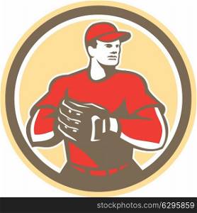 Illustration of a baseball catcher with gloves looking to the side set inside circle on isolated background done in retro style. . Baseball Catcher Gloves Circle Retro