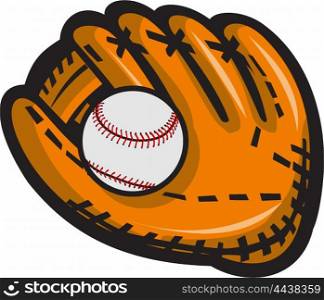 Illustration of a baseball glove and ball viewed from front set on isolated white background done in retro style. . Baseball Glove Ball Retro