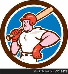 Illustration of a baseball player holding bat on shoulder set inside circle shape on isolated background done in cartoon style.. Baseball Player Holding Bat Cartoon