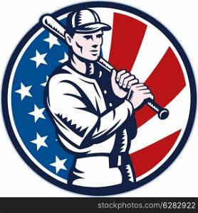 illustration of a Baseball player holding bat with american stars and stripes flag in background set inside circle done in retro woodcut style.. Baseball player holding bat american flag