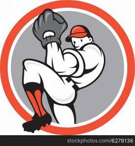 Illustration of a baseball player pitcher outfilelder on isolated background set inside circle round shape done in cartoon style. Baseball Pitcher Circle Cartoon