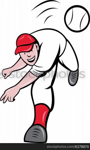 illustration of a baseball player pitcher throwing ball cartoon style isolated on white. baseball player pitcher throwing ball