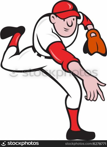 Illustration of a baseball player pitcher throwing done in cartoon style.