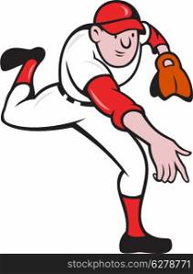 Illustration of a baseball player pitcher throwing done in cartoon style.
