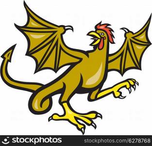 Illustration of a basilisk , an animal with the head, torso and legs of a rooster, the tongue of a snake, the wings of a bat and with a snake-like rump that ends in an arrowpoint crowing done in cartoon style on isolated background.