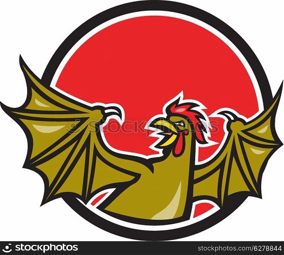 Illustration of a basilisk , an animal with the head, torso and legs of a rooster, and the wings of a bat and crowing set inside circle done in cartoon style on isolated background.