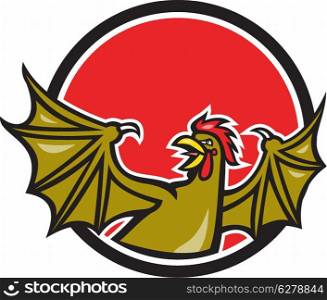 Illustration of a basilisk , an animal with the head, torso and legs of a rooster, and the wings of a bat and crowing set inside circle done in cartoon style on isolated background.