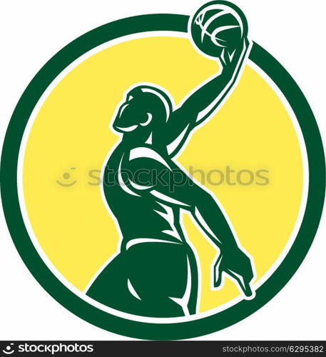 Illustration of a basketball player arm stretched dunking ball set inside circle on isolated background done in retro style.. Basketball Player Dunk Ball Circle Retro