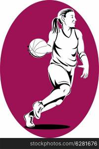 illustration of a basketball player dribbling ball done in retro style. basketball player dribbling ball