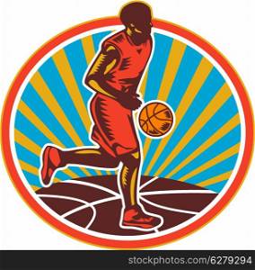 Illustration of a basketball player dribbling ball facing front set inside circle with ball and sunburst on isolated white background.. Basketball Player Dribbling Ball Woodcut Retro