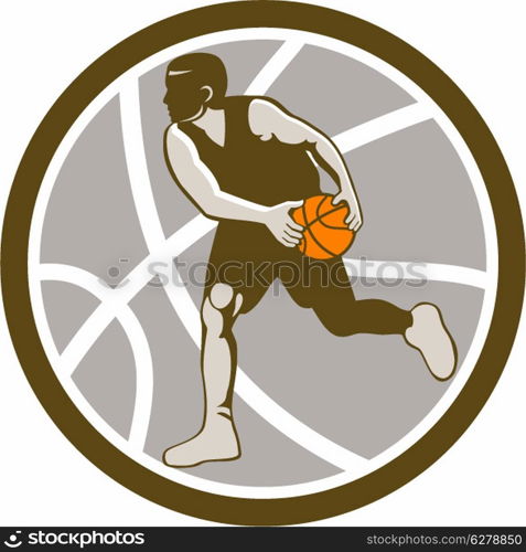 Illustration of a basketball player dribbling ball facing side set inside circle with ball on isolated white background.. Basketball Player Dribbling Ball Circle Retro