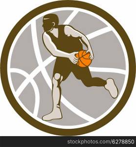 Illustration of a basketball player dribbling ball facing side set inside circle with ball on isolated white background.. Basketball Player Dribbling Ball Circle Retro