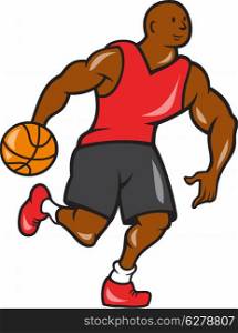 Illustration of a basketball player dribbling ball on isolated white background done in cartoon style.. Basketball Player Dribbling Ball Cartoon