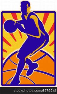 Illustration of a basketball player dribbling ball set inside rectangle with sunburst on isolated white background.