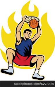 Illustration of a basketball player dunking ball with fire fireball on isolated white background.