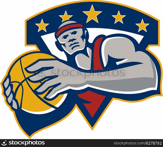 Illustration of a basketball player holding ball facing front set inside shield crest done in retro style on isolated background.. Basketball Player Holding Ball Star Retro