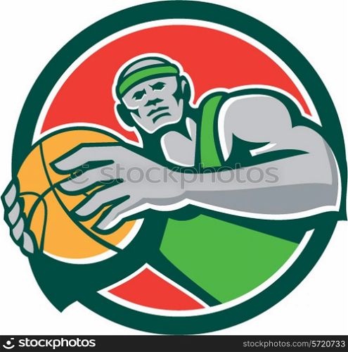 Illustration of a basketball player holding showing ball facing front set inside circle shape on isolated background done in retro style.. Basketball Player Holding Ball Circle Retro