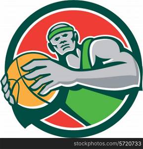 Illustration of a basketball player holding showing ball facing front set inside circle shape on isolated background done in retro style.. Basketball Player Holding Ball Circle Retro