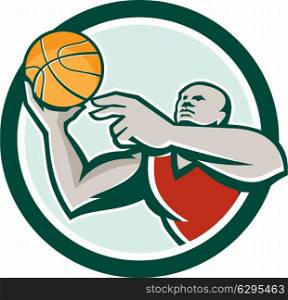 Illustration of a basketball player lay up ball set inside circle on isolated background done in retro style.. Basketball Player Lay Up Ball Circle Retro