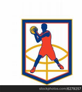 Illustration of a basketball player passing ball facing front set inside shield crest shape on isolated white background done in retro style.. Basketball Player Passing Ball Shield Retro