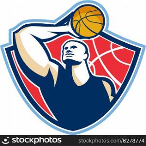 Illustration of a basketball player rebounding lay up ball set inside shield crest done in retro style.. Basketball Player Rebounding Ball Retro