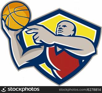 Illustration of a basketball player rebounding lay up ball set inside shield crest done in retro style.. Basketball Player Laying Up Ball Retro