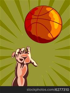 Illustration of a basketball player&rsquo;s hand reaching to a ball done in retro style.