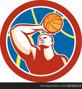 Illustration of a basketball player shooting ball over head set inside circle with giant ball in the background done in retro style. . Basketball Player Shooting Ball Circle Retro