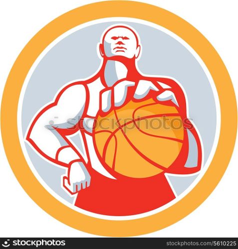 Illustration of a basketball player with ball facing front set inside circle on isolated white background done in retro style. . Basketball Player With Ball Circle Retro