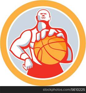 Illustration of a basketball player with ball facing front set inside circle on isolated white background done in retro style. . Basketball Player With Ball Circle Retro