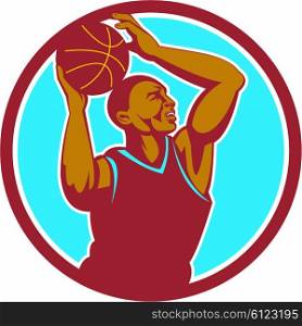 Illustration of a basketball player with ball rebounding lay up set inside circle viewed from the side done in retro style.. Basketball Player Rebounding Ball Circle Retro