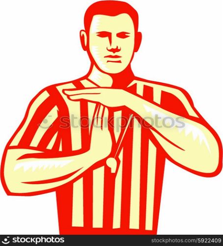 Illustration of a basketball referee doing a technical foul hand signal viewed from front set on isolated white background done in retro style. . Basketball Referee Technical Foul Retro
