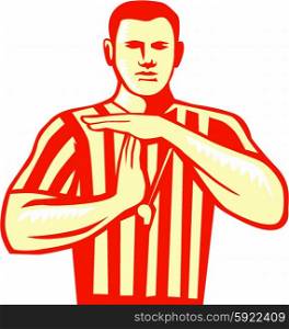 Illustration of a basketball referee doing a technical foul hand signal viewed from front set on isolated white background done in retro style. . Basketball Referee Technical Foul Retro