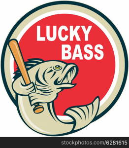 "illustration of a Bass with baseball bat and wording "lucky bass" inside circle done in retro style"