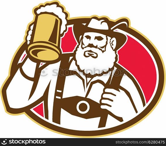 Illustration of a Bavarian beer drinker raising beer mug drinking looking up wearing lederhosen and German hat set inside oval done in retro style.. Bavarian Beer Drinker Mug Retro